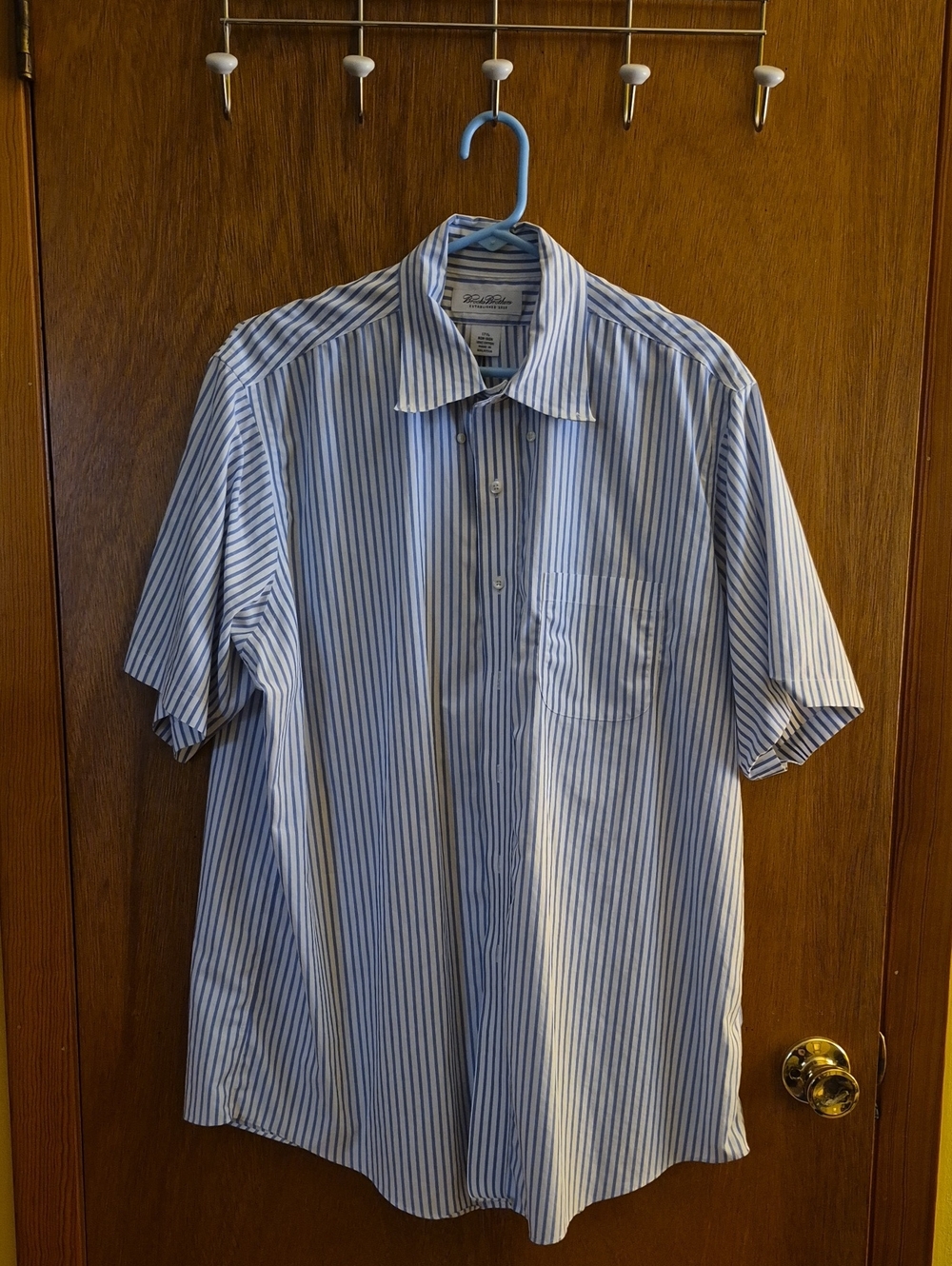 Brooks Brothers White Shirt with Blue Vertical Stripes - Short Sleeve XL